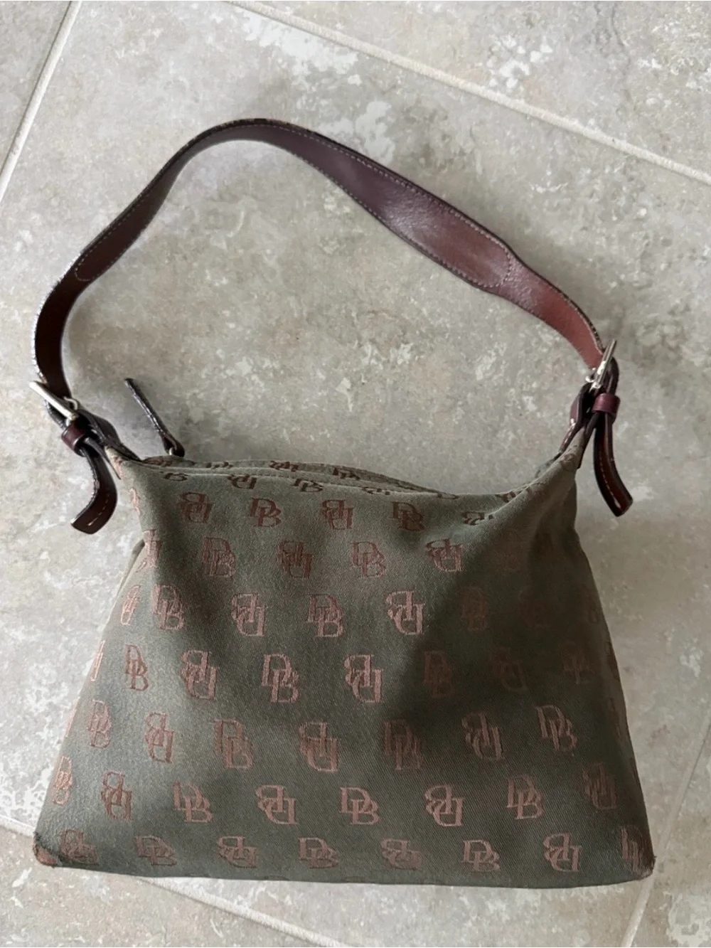 Vintage Dooney & Bourke Olive Monogram Hobo with Brown Leather Strap